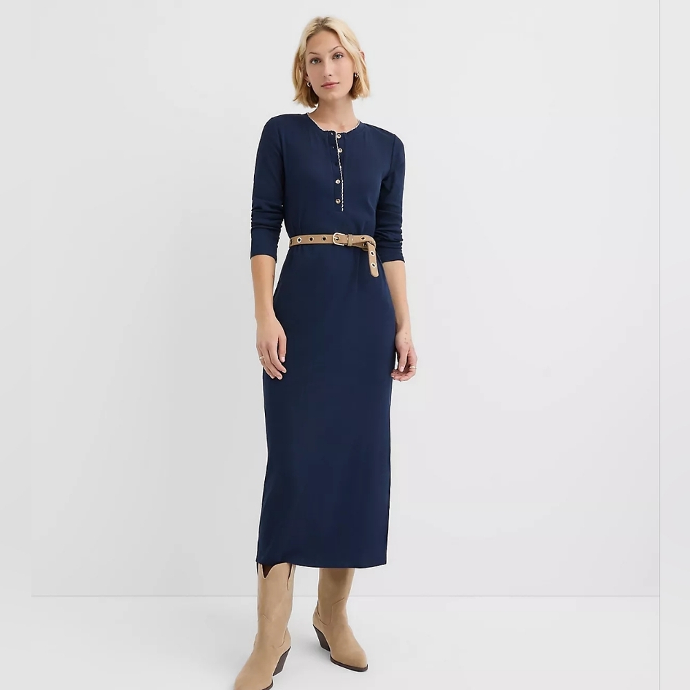 Loft Scalloped Ribbed Henley Midi Dress in Blue Size Small